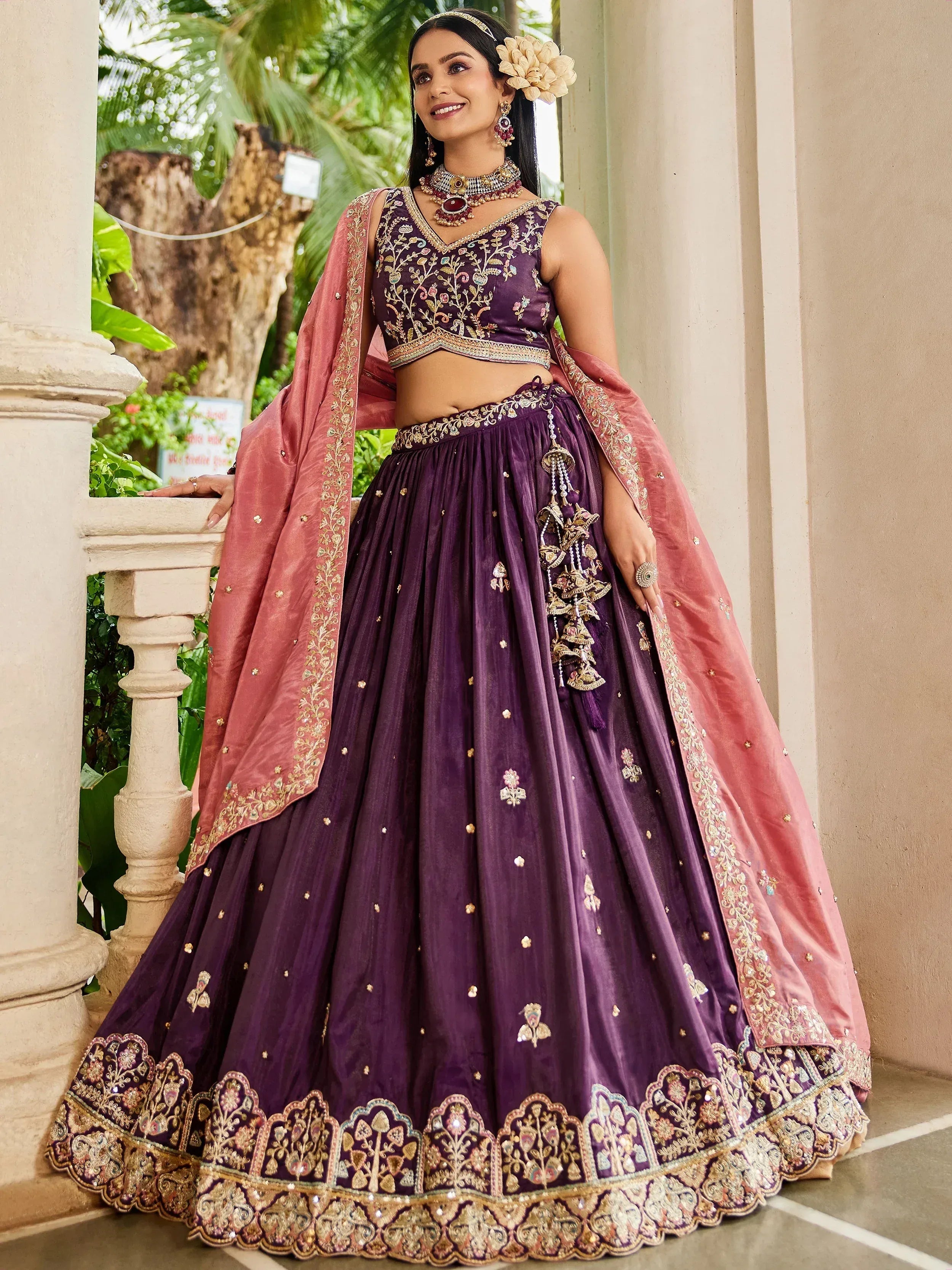 Purple embroidered lehenga choli with pink dupatta, Indian ethnic wear for weddings and festivals
