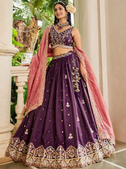 Mesmerizing Burgundy Tissue Thread Embroidered Lehenga Choli - Ethnic Plus In