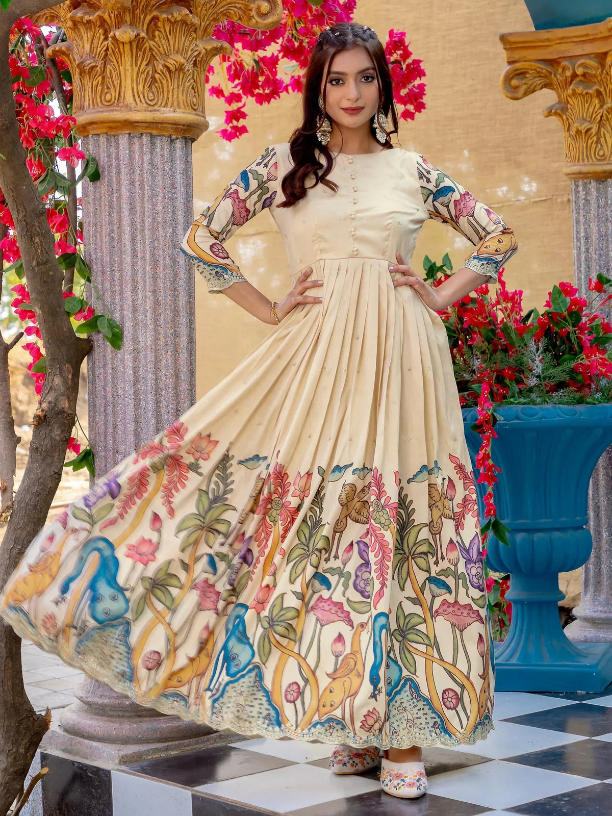 Cream floral print ethnic gown with peacock & bird motifs, perfect for Indian occasions and festive wear.