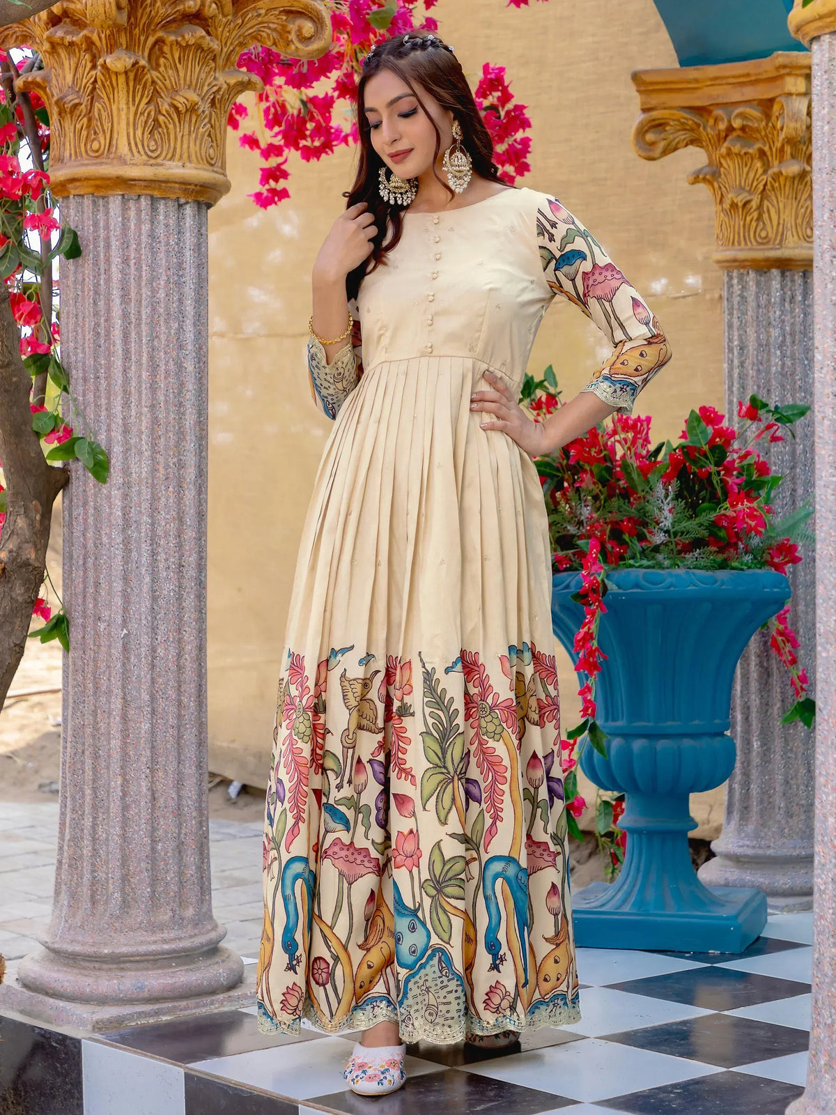 Beige floral print ethnic gown with peacock motifs, perfect for Indian occasions and festive wear.