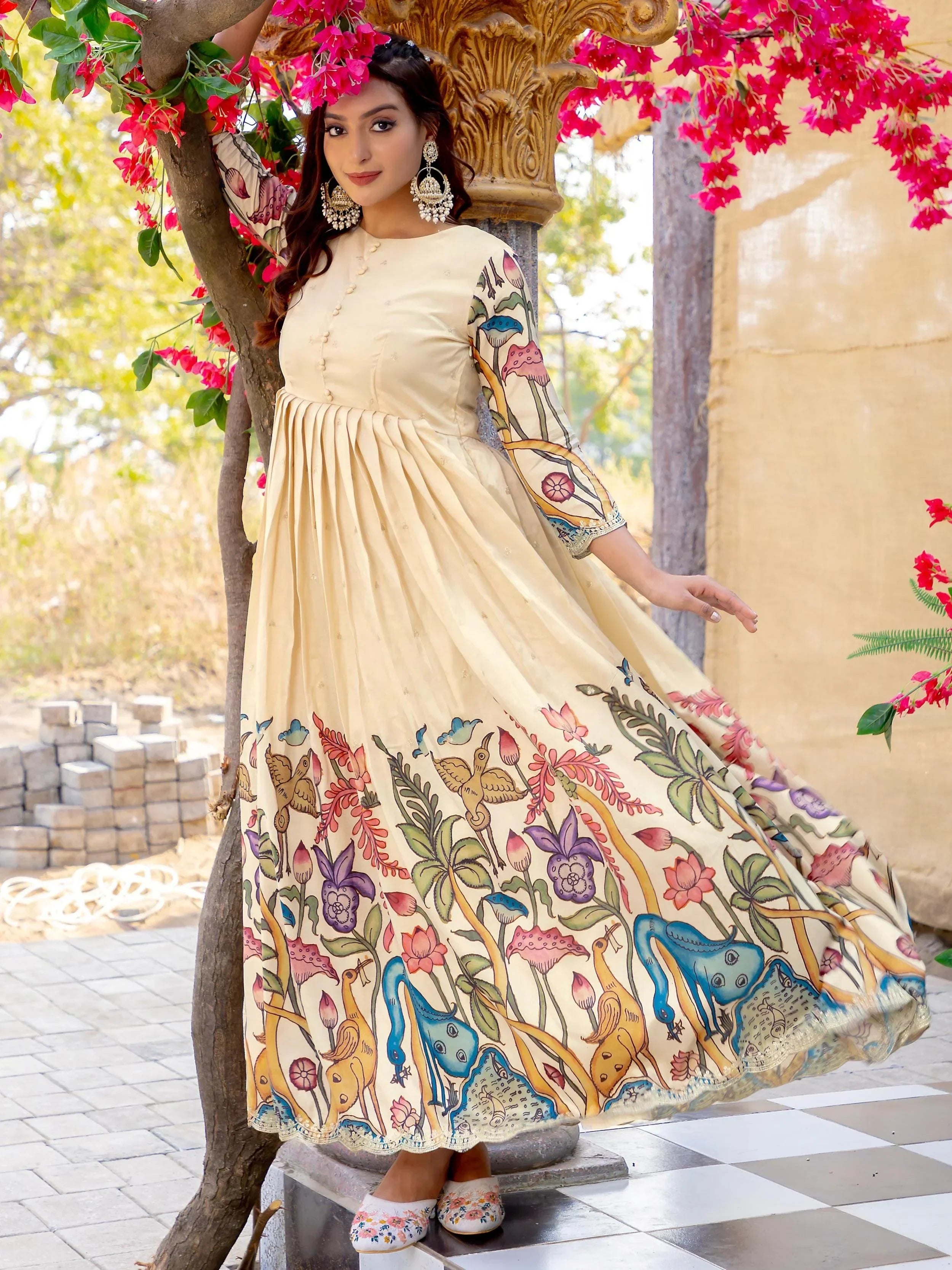 Mesmerizing Cream Silk Printed Traditional Gown - Ethnic Plus In