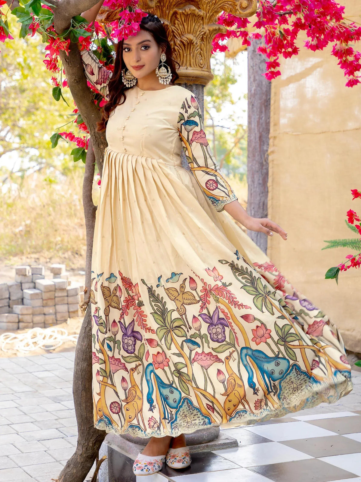 Cream floral print ethnic gown with bird motifs, perfect for Indian occasions and festive wear
