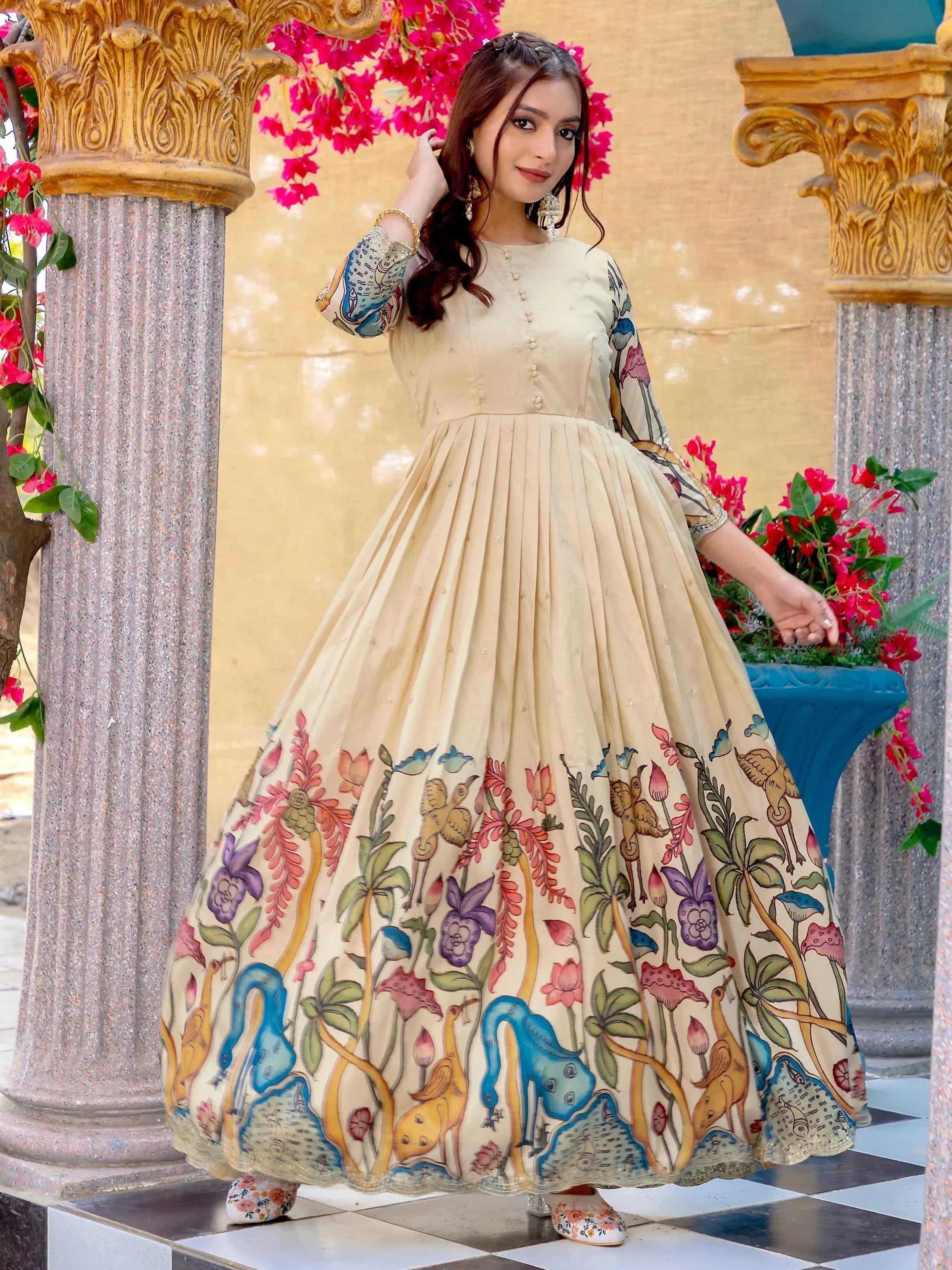 Beige floral print ethnic gown with bird motifs, perfect for Indian occasions and festive wear