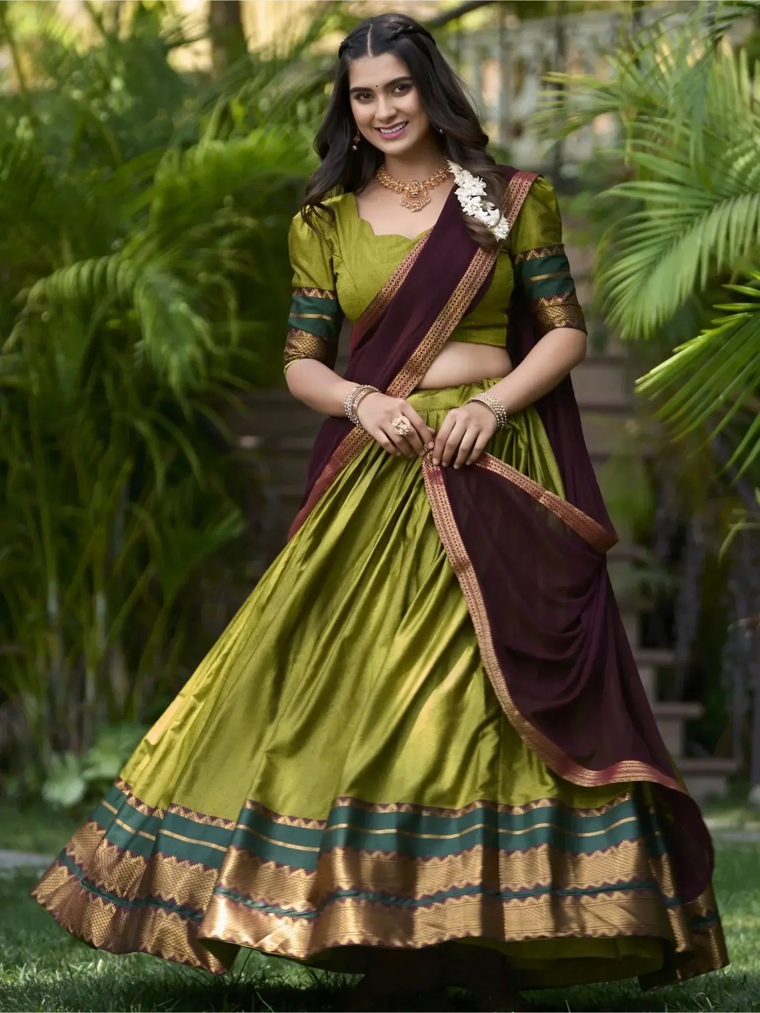 Mesmerizing Green Cotton Traditional Wear Half Saree Lehenga - Ethnic Plus In
