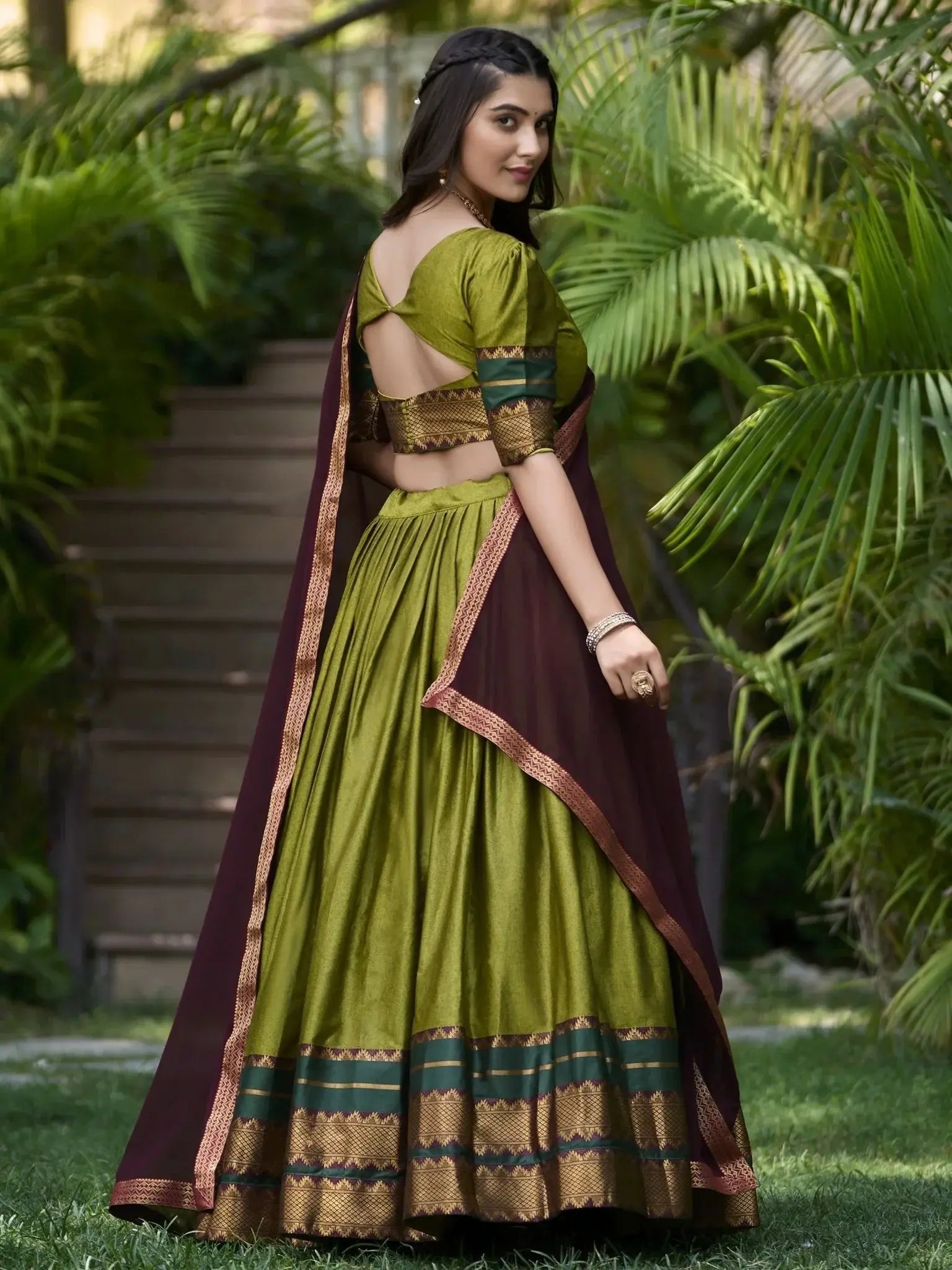 Mesmerizing Green Cotton Traditional Wear Half Saree Lehenga - Ethnic Plus In