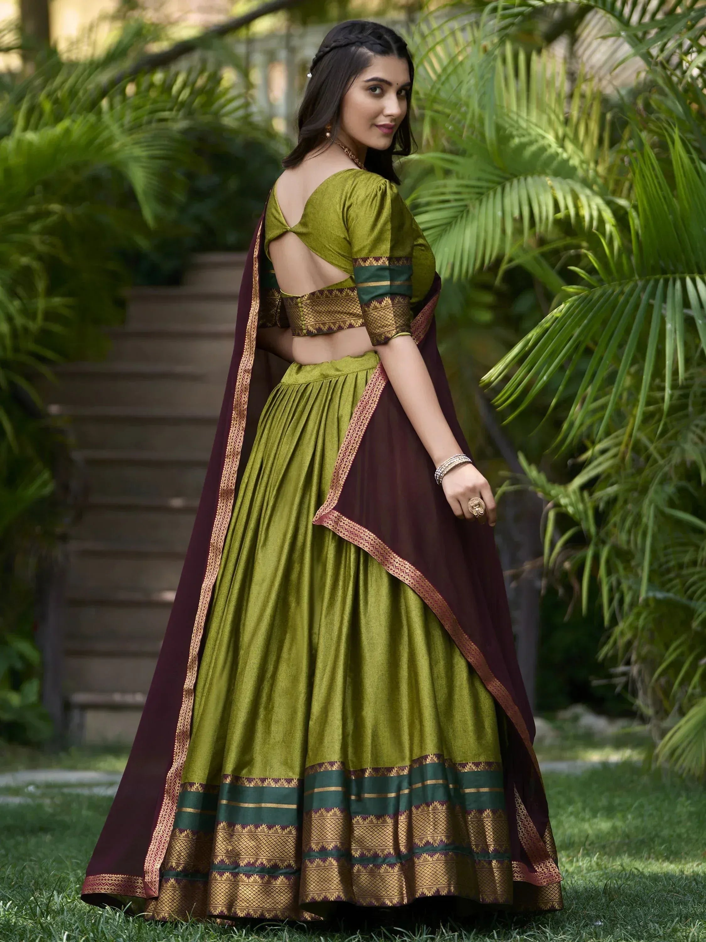 Olive green designer lehenga choli with maroon dupatta, perfect for Indian ethnic wear occasions