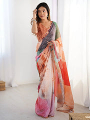 Mesmerizing Multi Color Chinon Printed Saree With Blouse - Ethnic Plus In