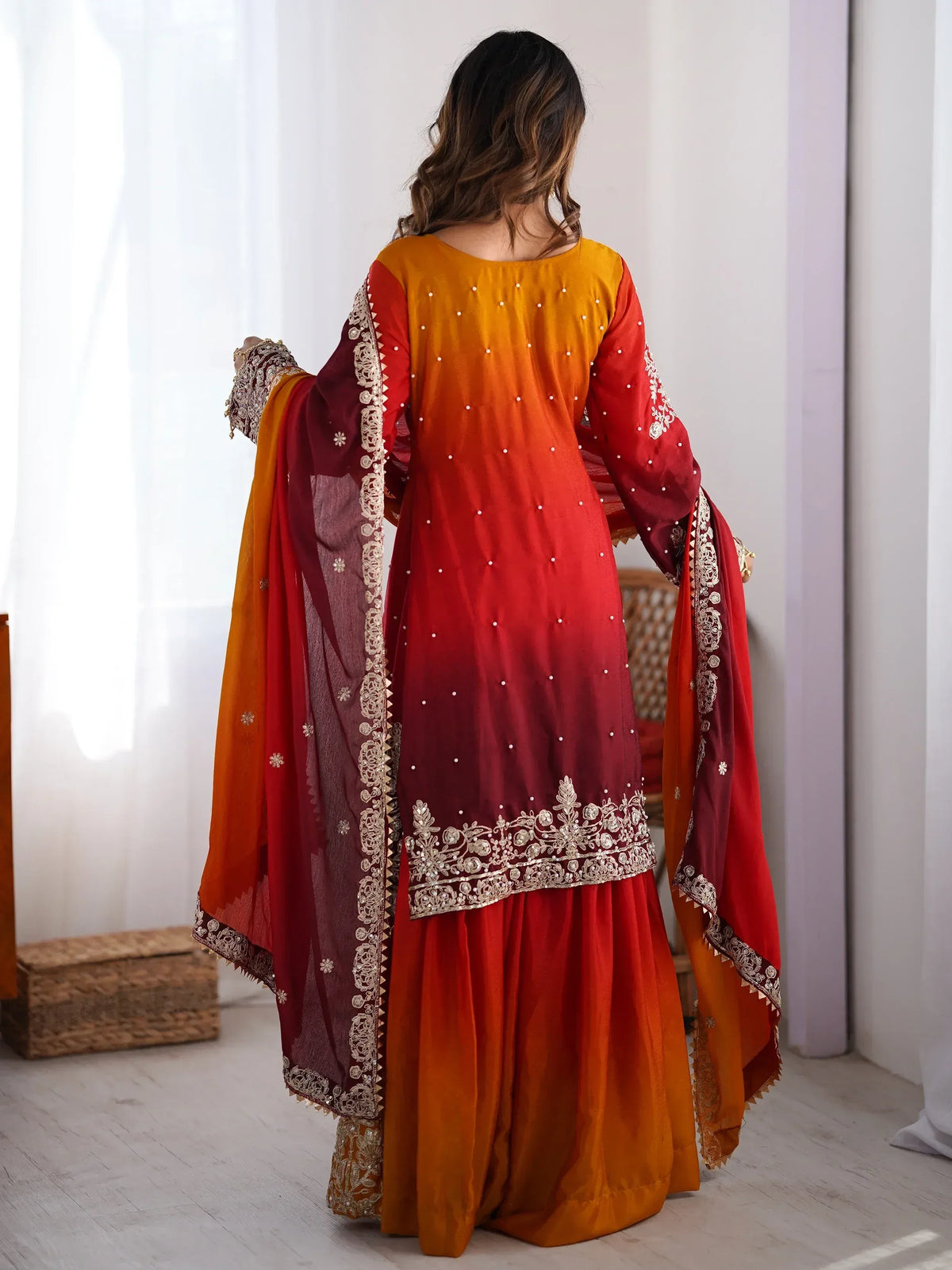 Red and orange ombre salwar kameez with gold embroidery and matching dupatta, Indian ethnic wear