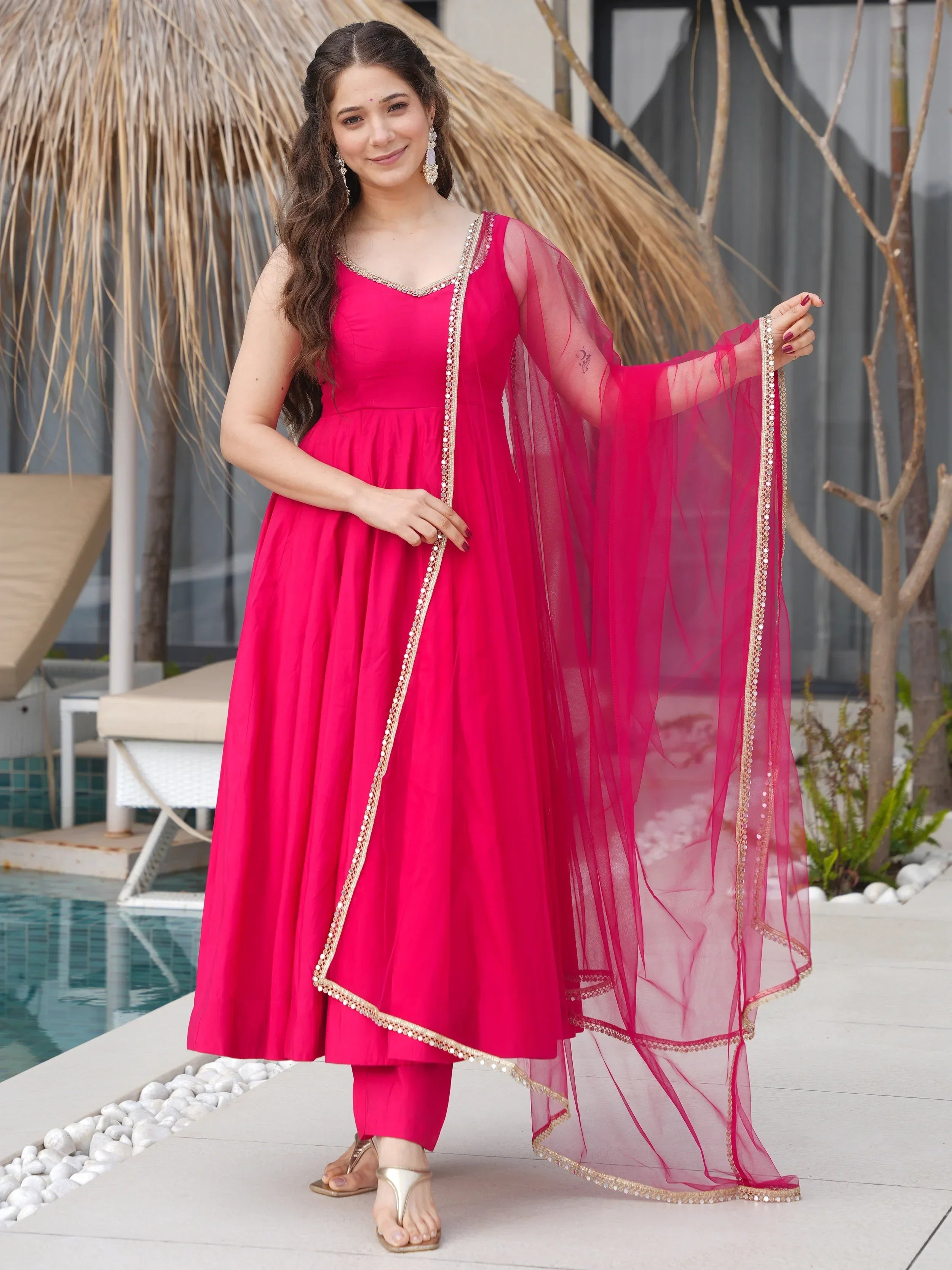 Mesmerizing Pink Chanderi Silk Lace Work Anarkali Suit - Ethnic Plus In