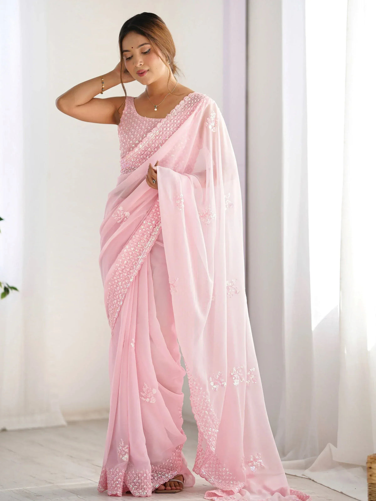Pink sequin embroidered saree with matching blouse, elegant Indian ethnic wear for women