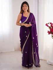 Mesmerizing Purple Beads Work Silk Saree With Blouse - Ethnic Plus In