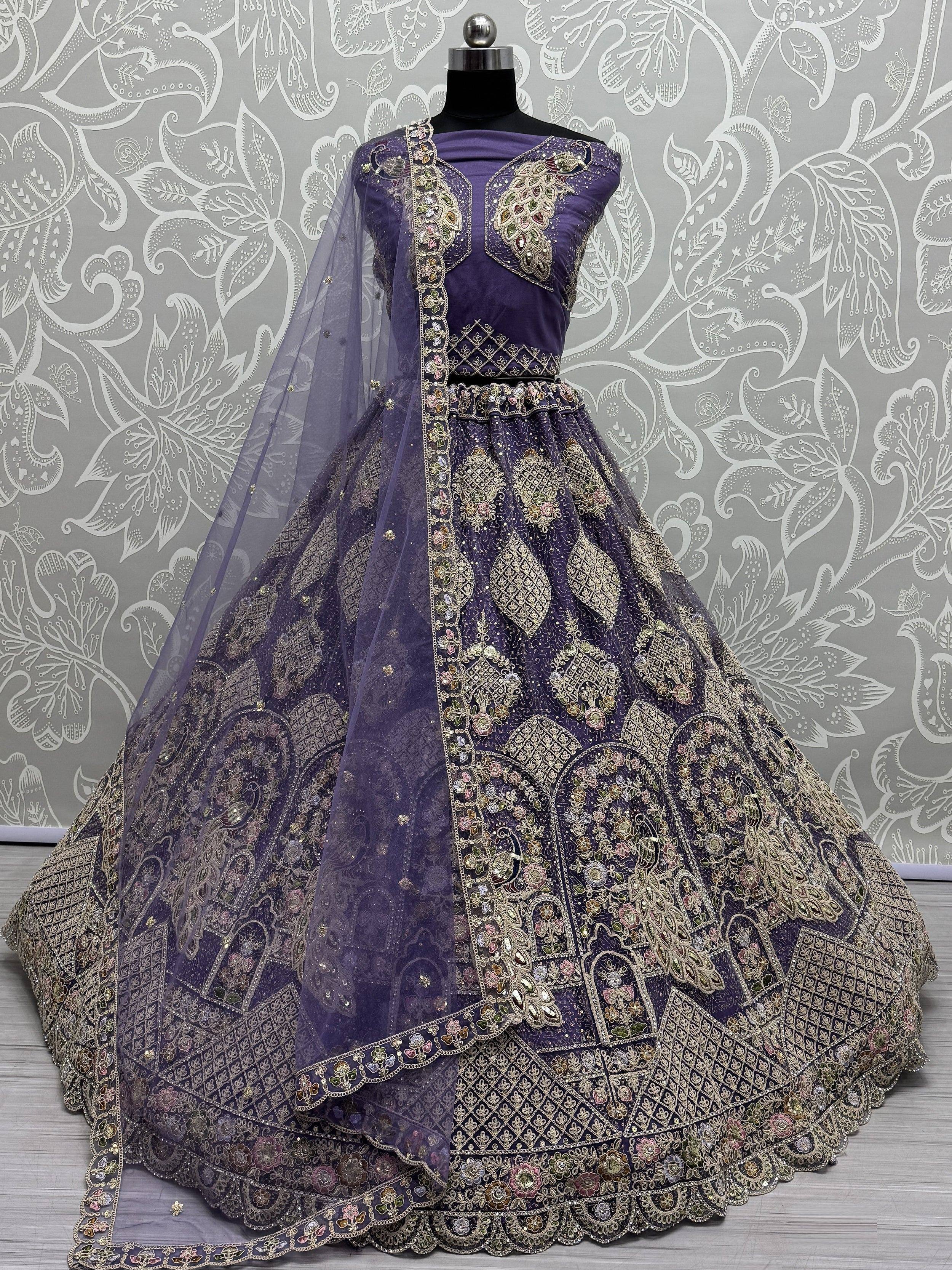 Purple designer lehenga choli with heavy gold embroidery and net dupatta, Indian ethnic wear
