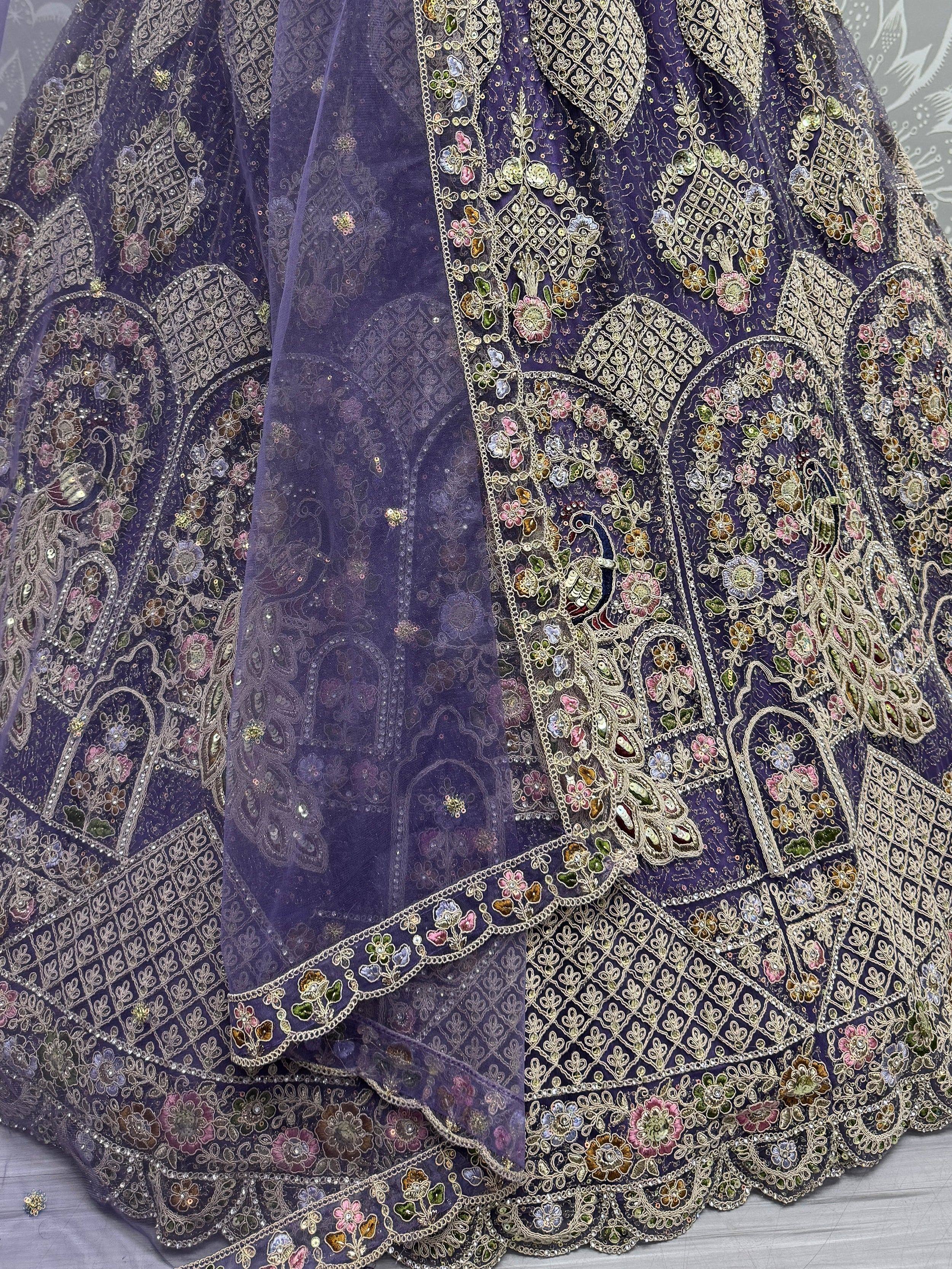 Purple embroidered lehenga choli with floral zari work and net dupatta, Indian ethnic wear