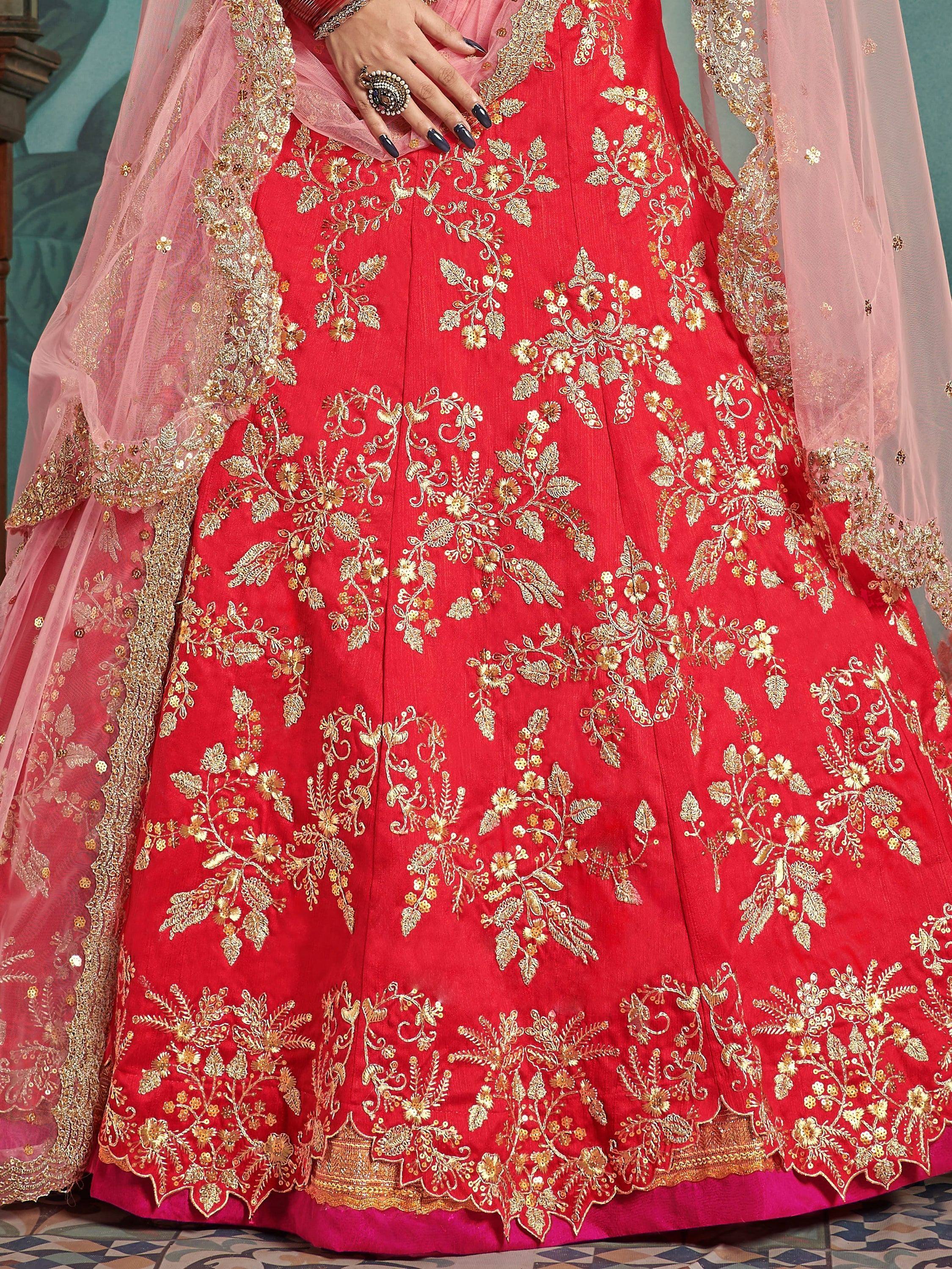 Red lehenga with gold floral embroidery and pink dupatta, Indian ethnic wear
