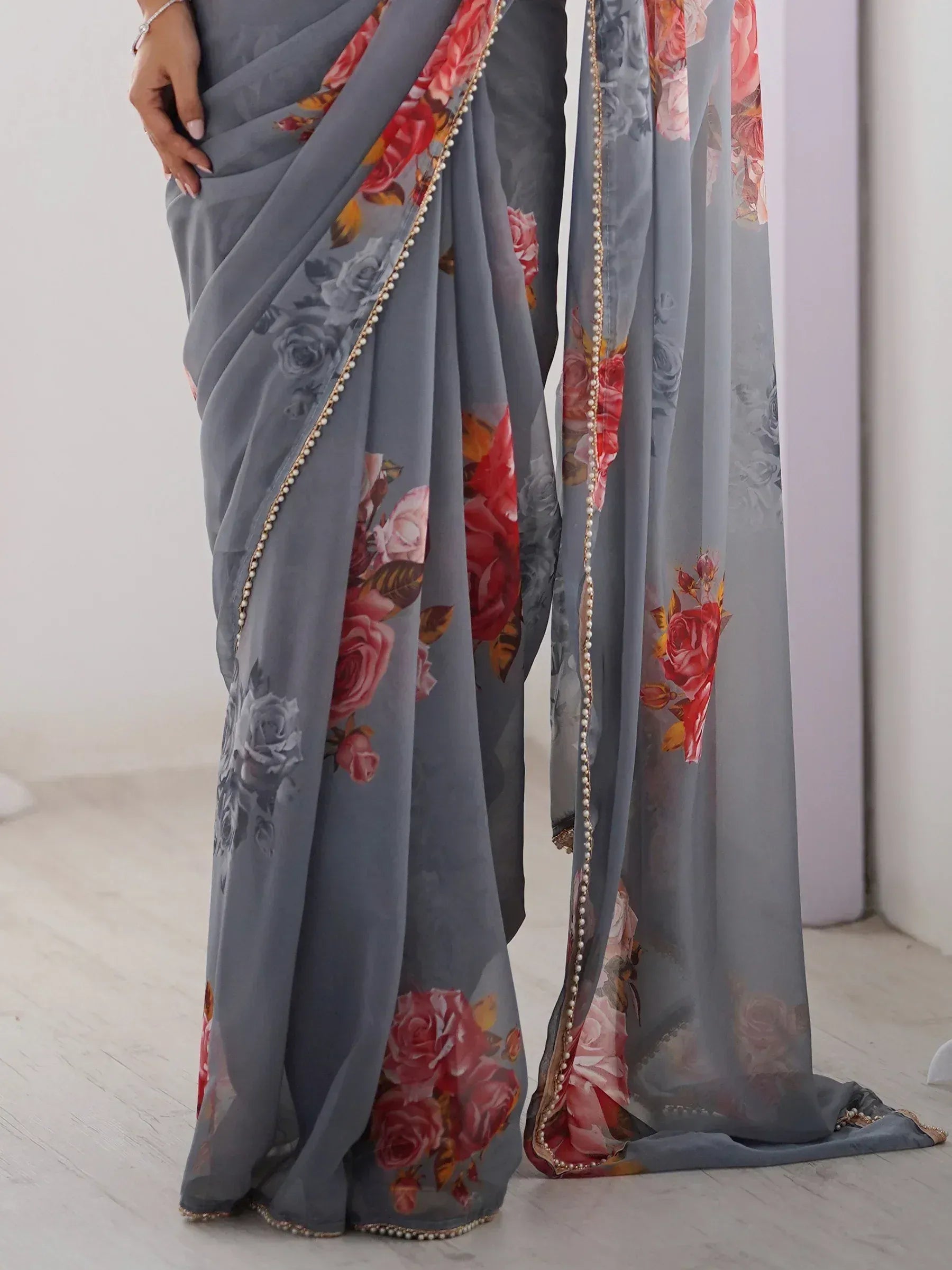 Grey floral saree with pearl border, Indian ethnic wear for women