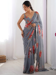 Mesmerizing Grey Floral Printed Georgette Saree With Blouse