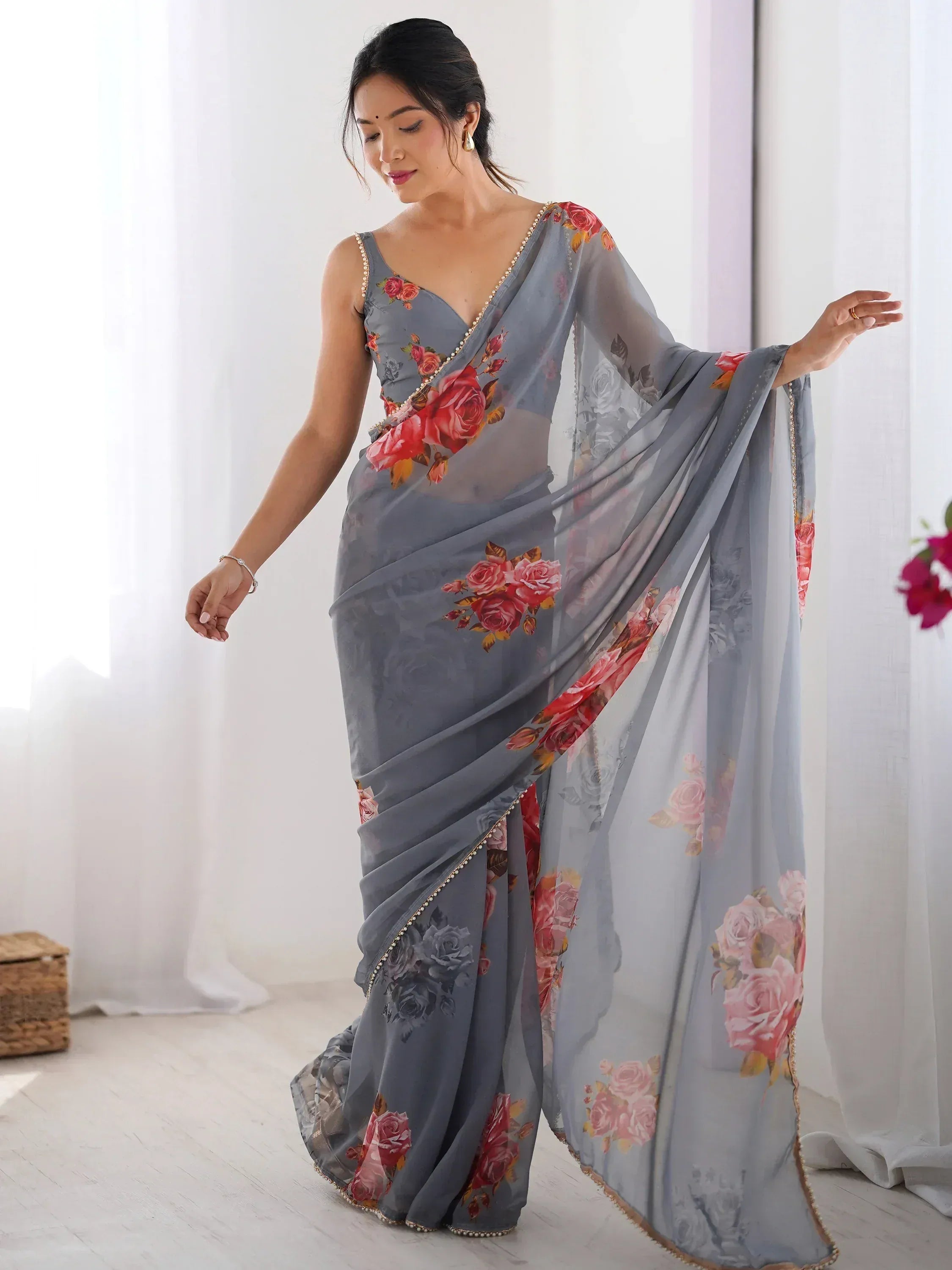 Grey floral saree with pearl trim, elegant Indian ethnic wear for women