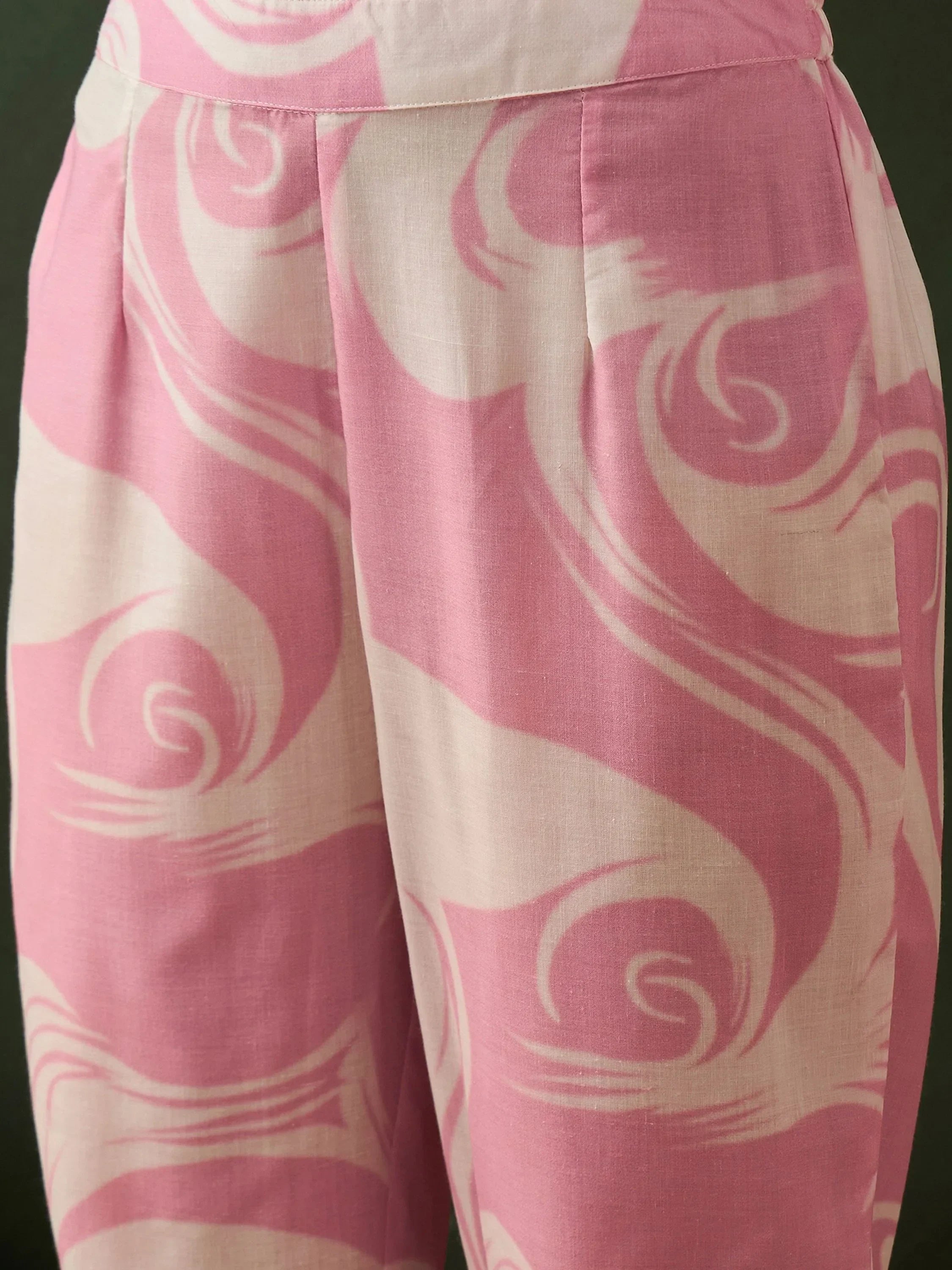 Close-up of pink and white swirl print ethnic palazzo pants for women