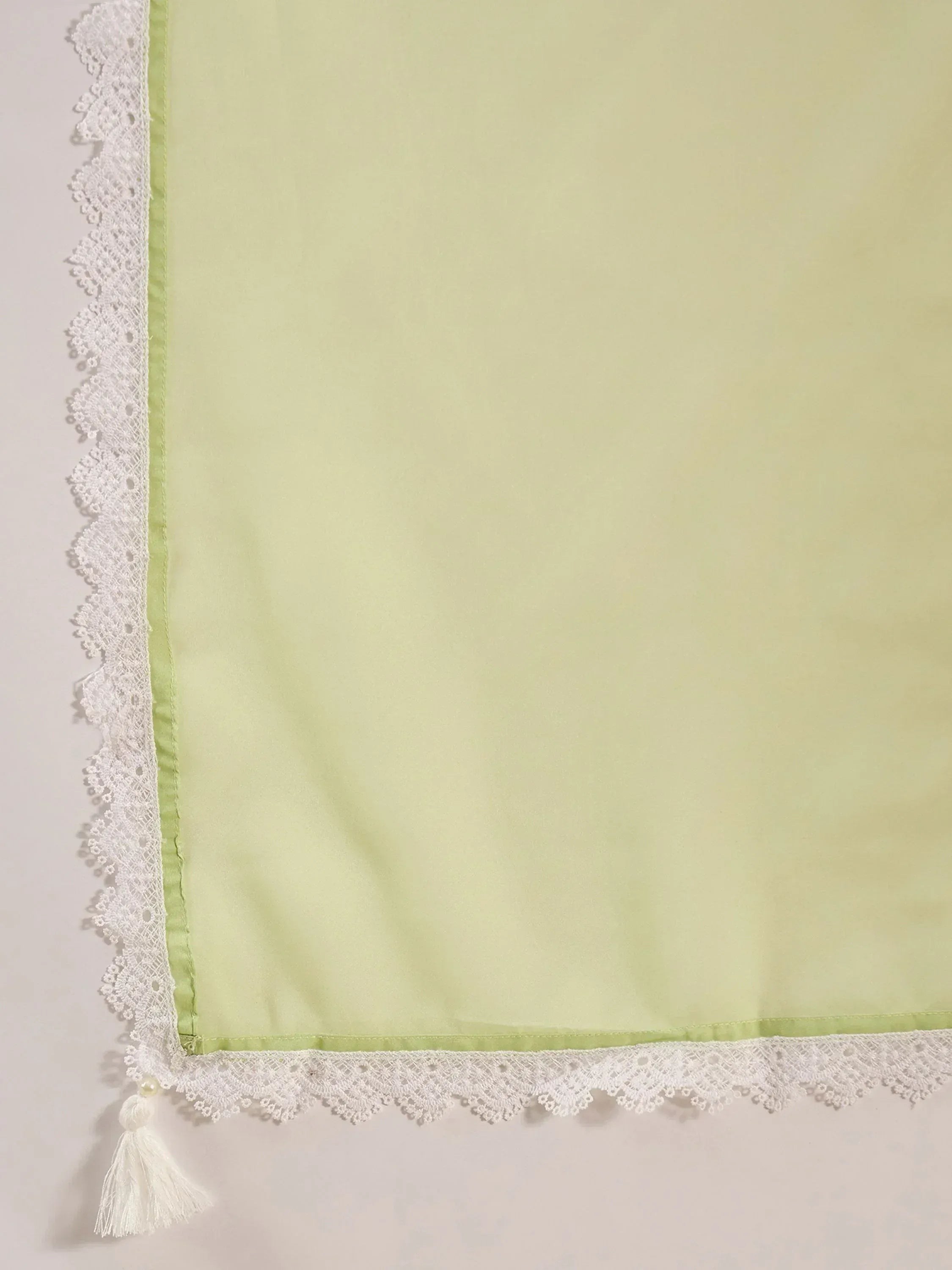 Light green dupatta with white lace border and decorative tassel, Indian ethnic wear