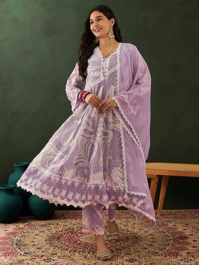Adorable Lavender Embroidered Cotton Function Wear Pant Suit With Dupatta