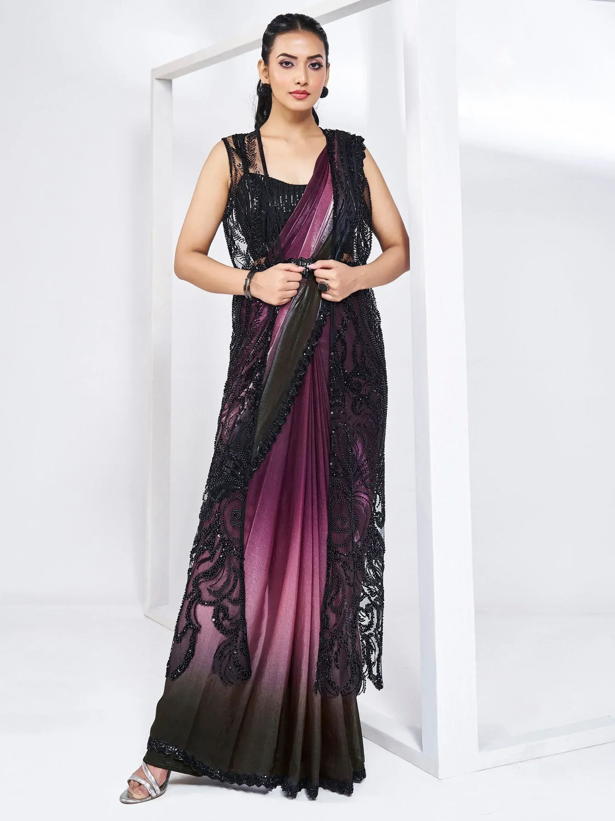 Purple ombre saree with black sequin lace overlay, ethnic Indian wear for women