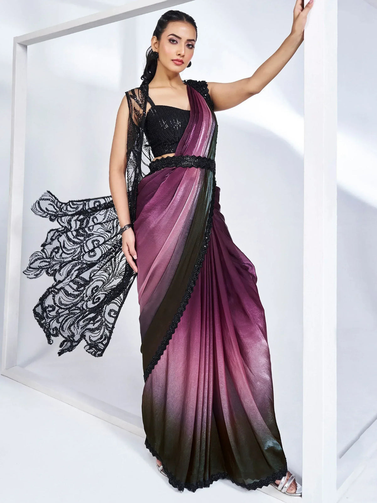 Woman in purple ombre saree with black lace blouse, Indian ethnic wear