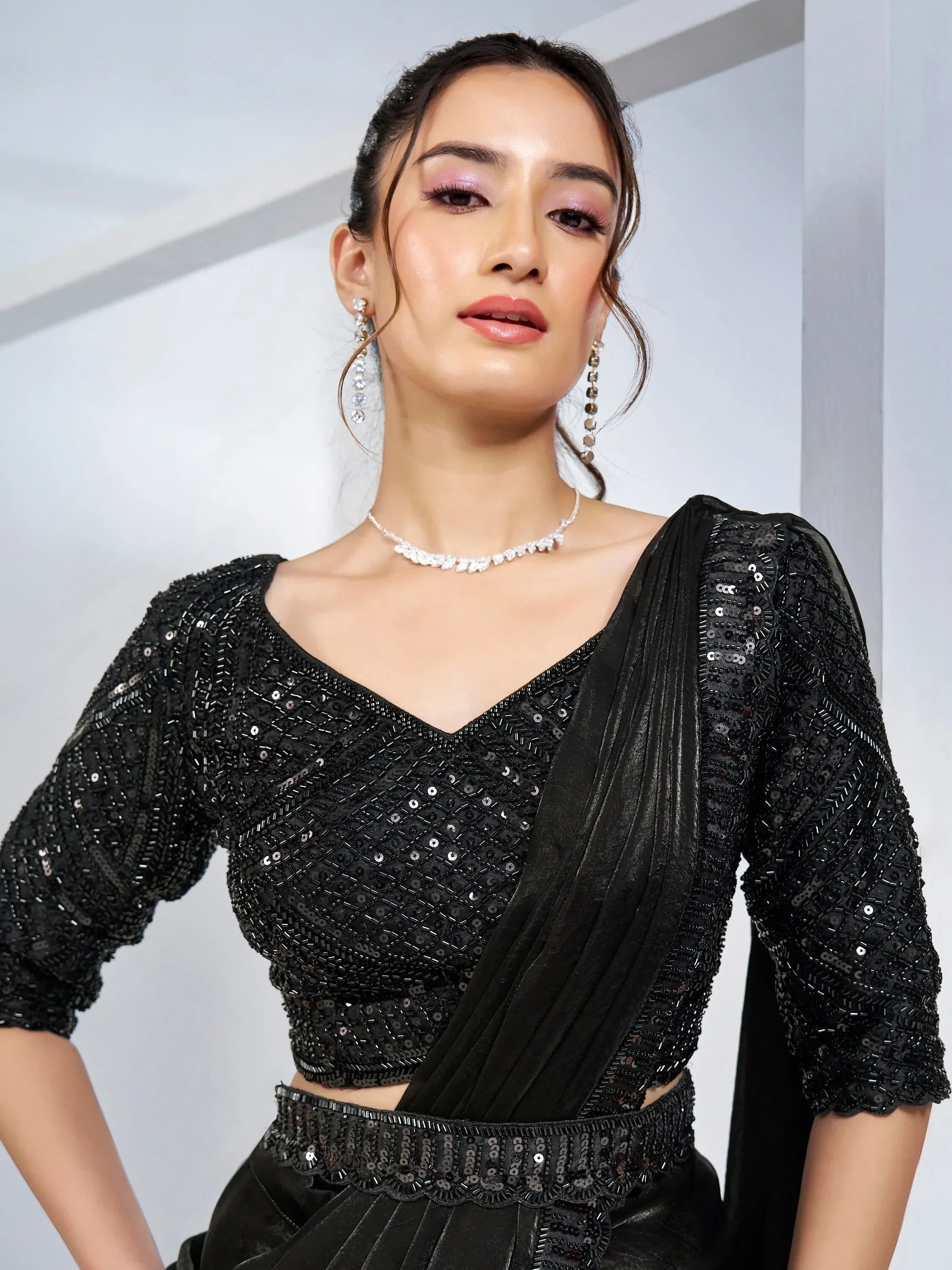 Beautiful Black Lace Work Satin Designer Saree With Blouse
