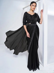Beautiful Black Lace Work Satin Designer Saree With Blouse