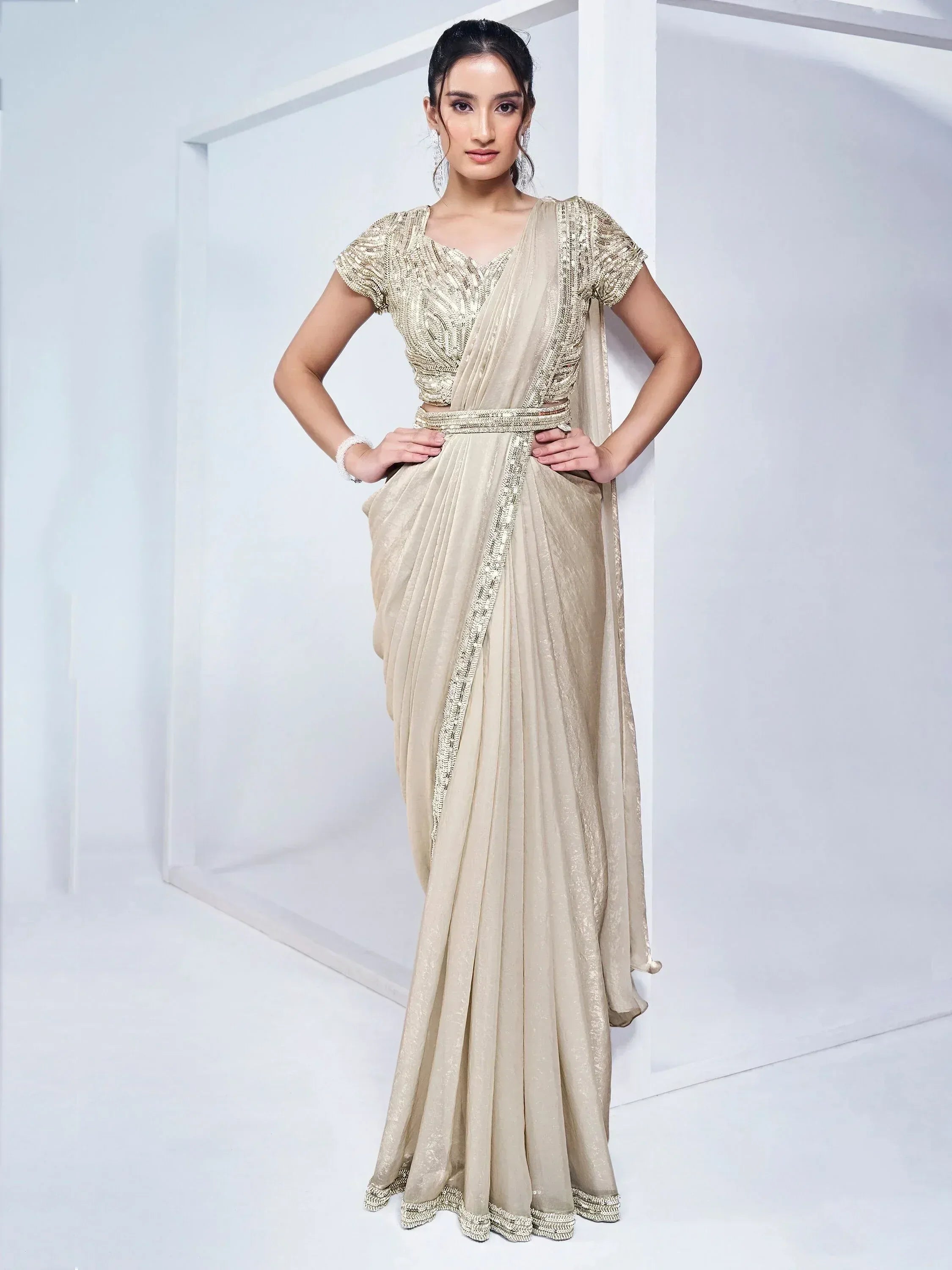 Beige saree with gold sequin blouse, ethnic Indian wear for weddings and parties