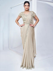 Astonishing Off-White Lace Work Satin Pre-Stitched Saree With Blouse