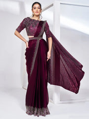 Outstanding Wine Lace Work Satin Party Wear Saree With Blouse