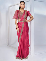 Amazing Pink Lace Work Satin Pre-Stitched Saree With Blouse