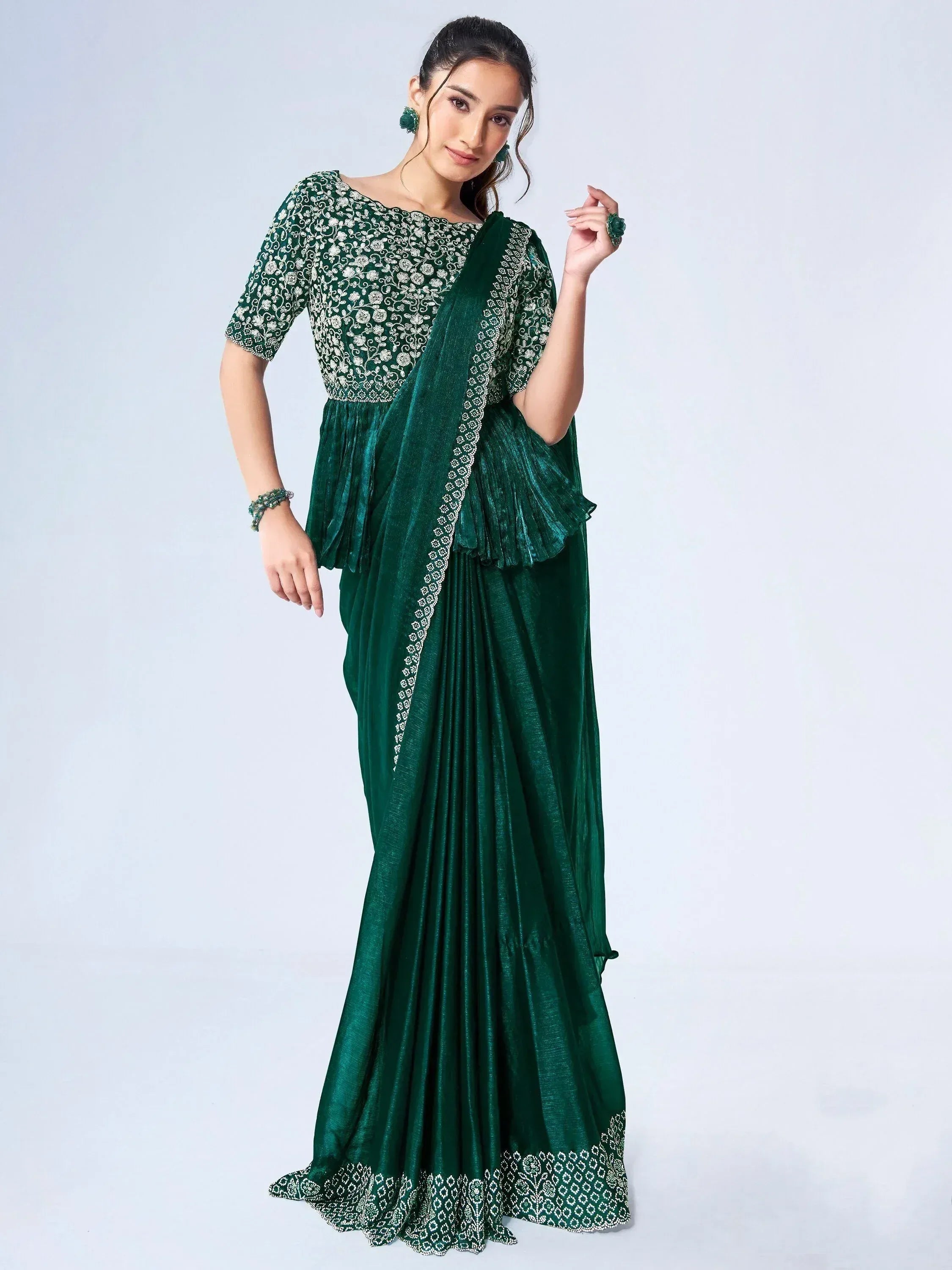 Emerald green embroidered saree with floral blouse, perfect for Indian ethnic occasions