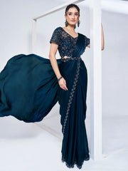 Enchanting Teal Blue Lace Work Satin Pre-Stitched Saree With Blouse