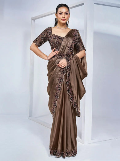 Wonderful Brown Lace Work Satin Festival Wear Saree With Blouse