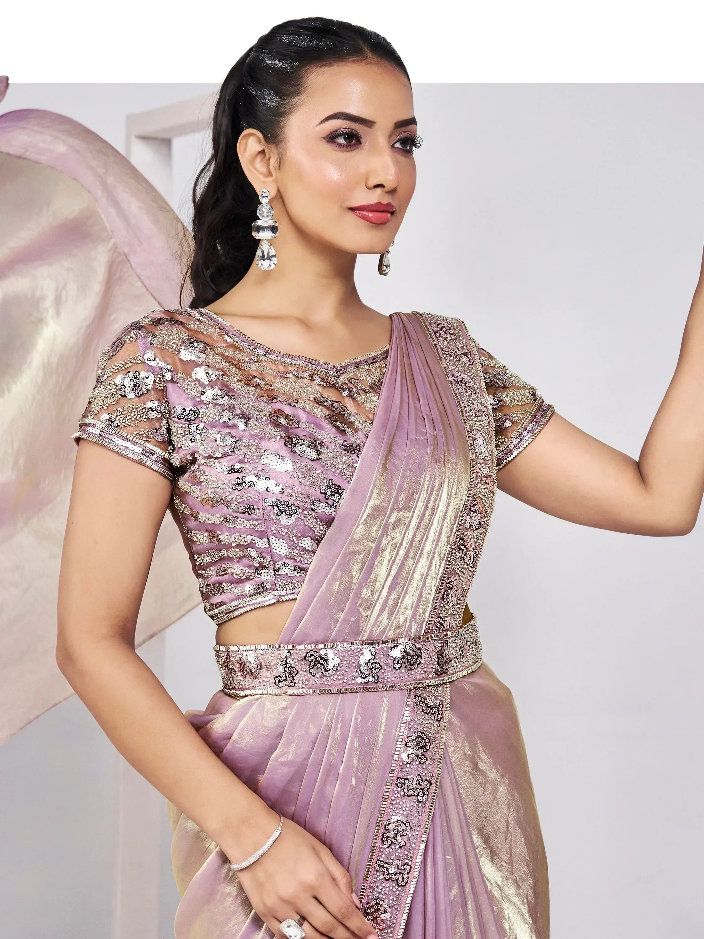 Lavender sequin lehenga choli with pleated skirt and sheer blouse, Indian ethnic wear