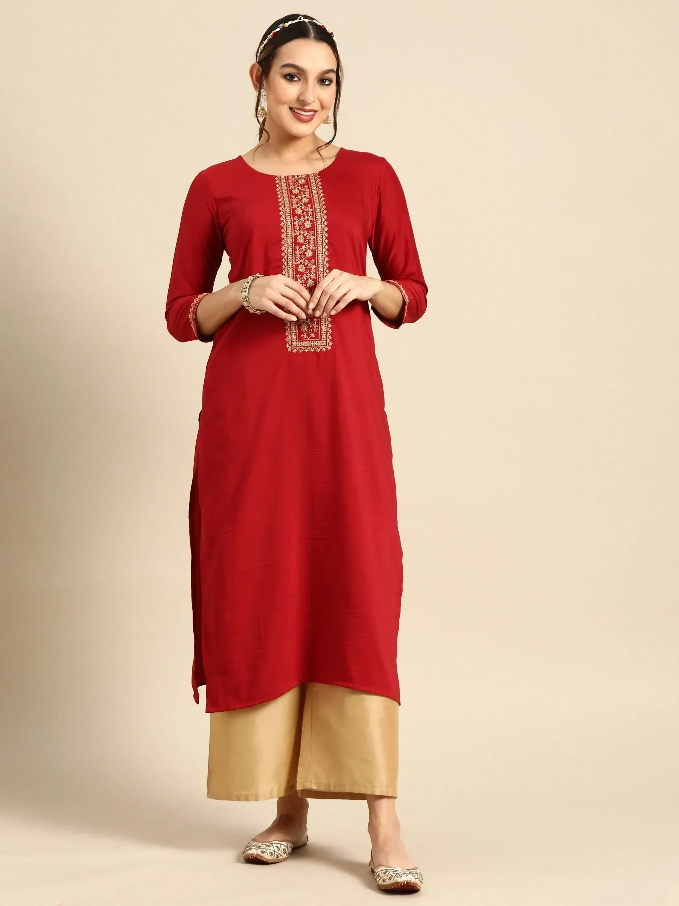 Red embroidered kurta with gold pants, Indian ethnic wear for women