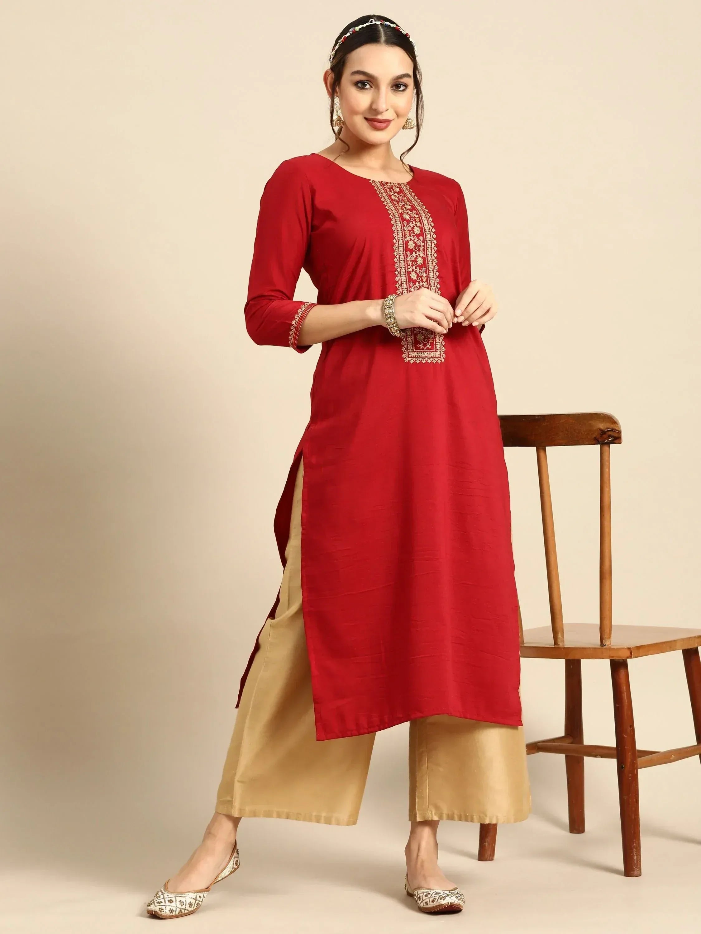 Red embroidered kurta with beige palazzo pants, ethnic Indian wear for women