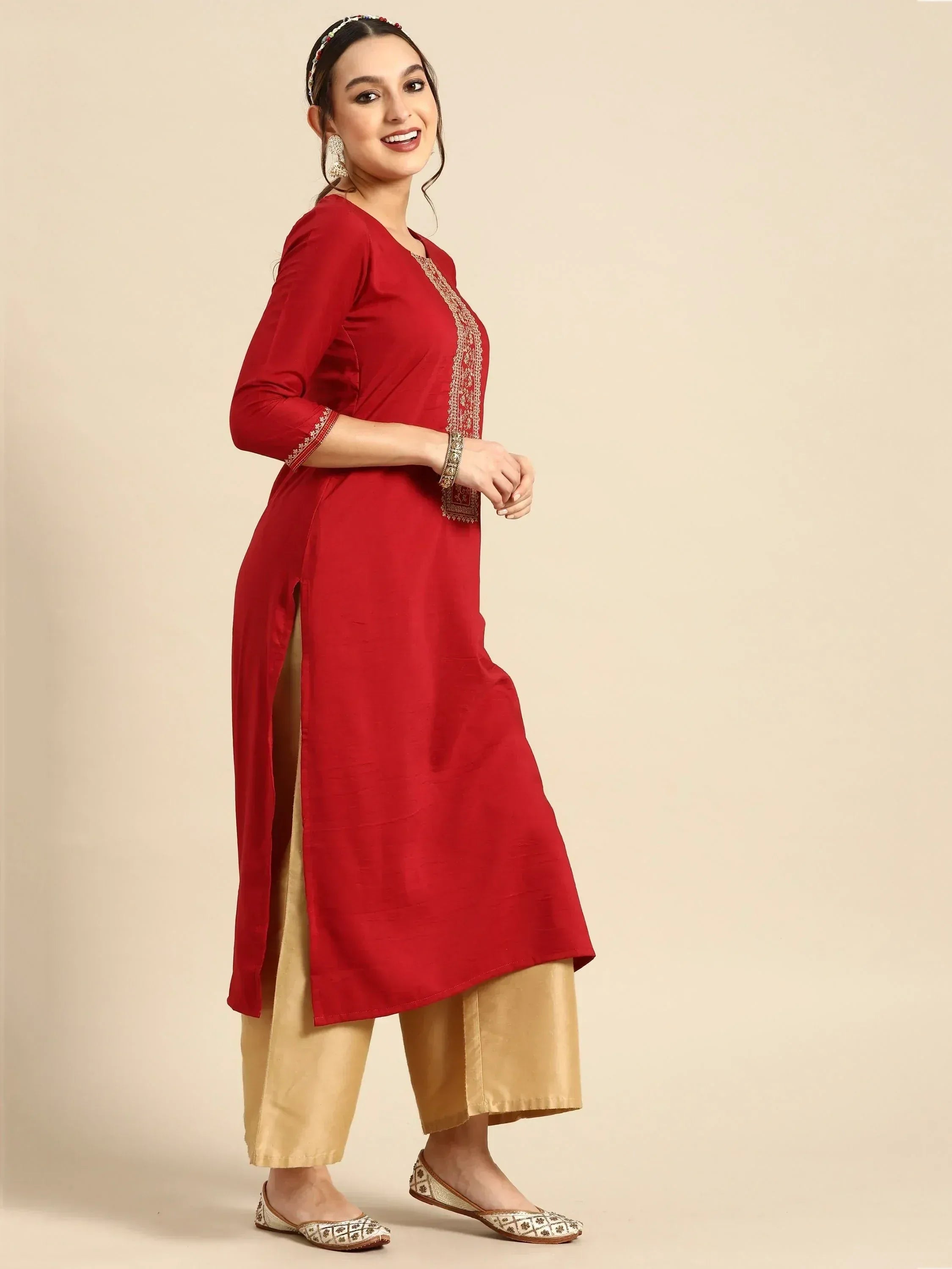 Red embroidered kurta with gold pants, ethnic Indian wear for women