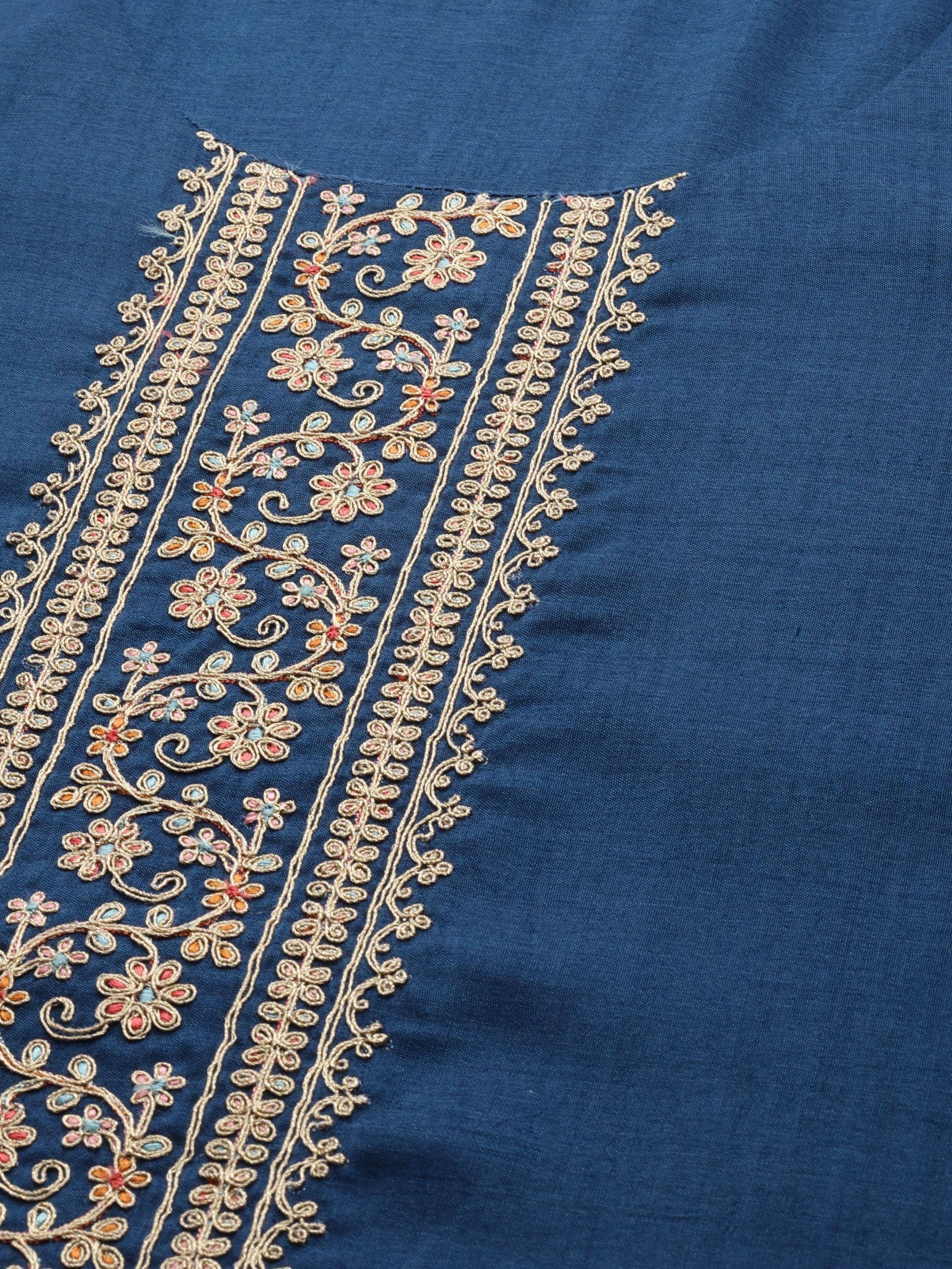 Blue ethnic wear with intricate floral embroidery and gold thread detailing on neckline