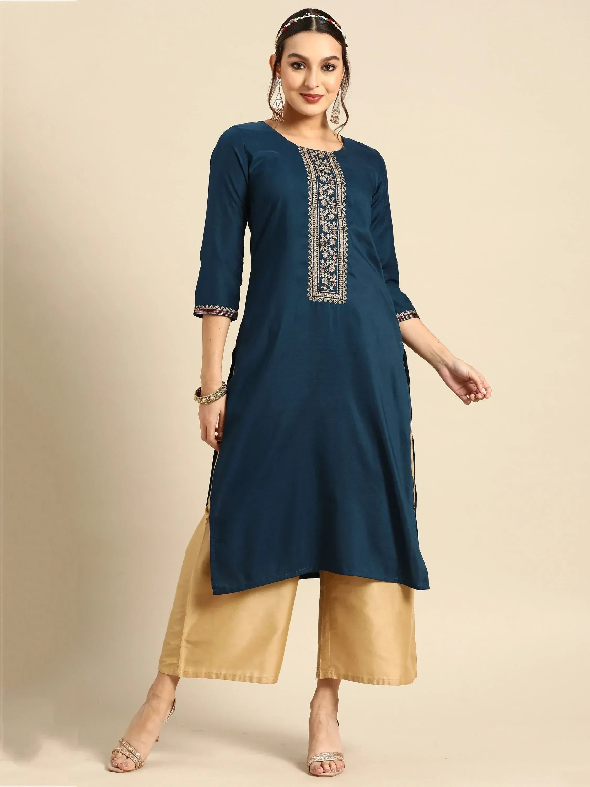 Blue embroidered kurta with gold pants, Indian ethnic wear for women