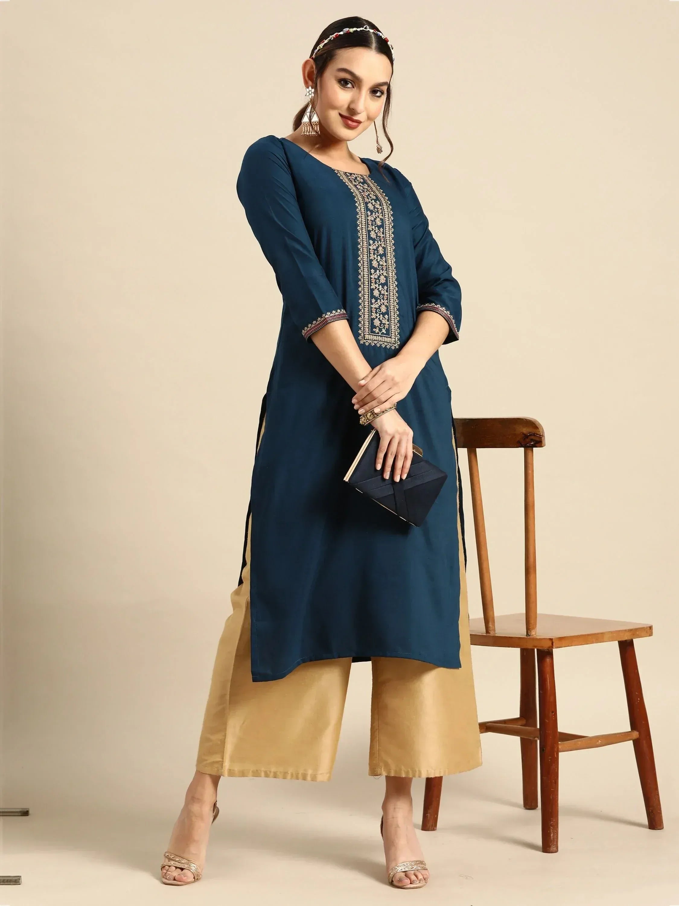 Blue embroidered kurta with gold pants, ethnic Indian wear for women