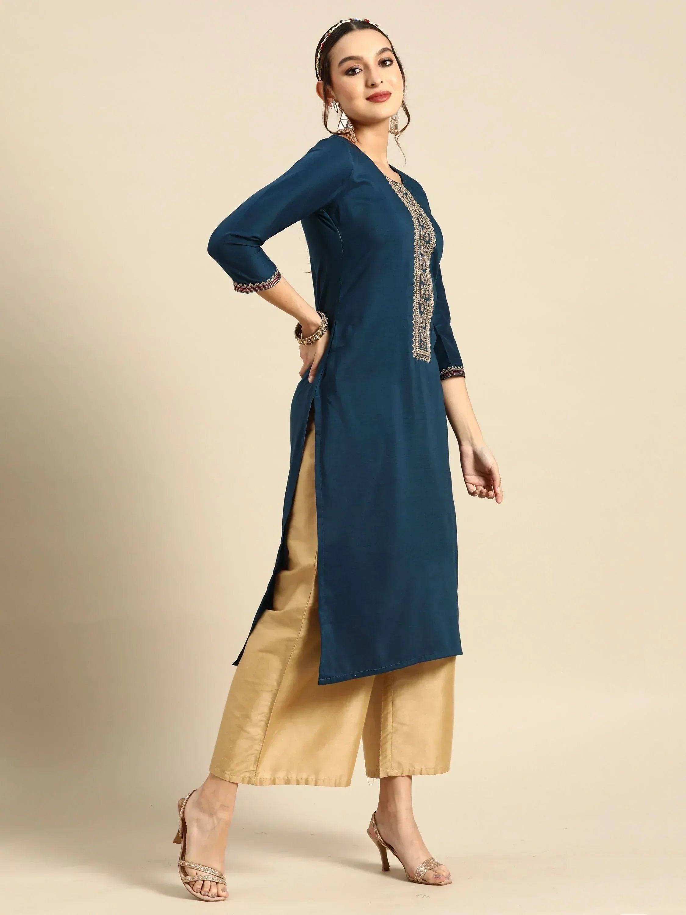 Teal embroidered kurta with gold palazzo pants, ethnic Indian wear for women