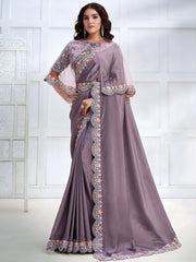 Fascinating Dusty Purple Sequins Satin Party Wear Saree With Cape