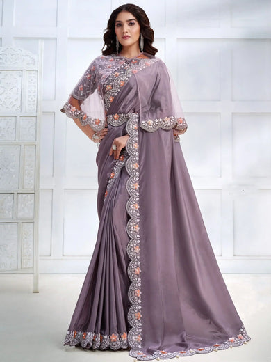 Fascinating Dusty Purple Sequins Satin Party Wear Saree With Cape