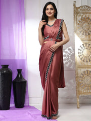 Glamorous Rose Gold Lace Work Satin Ready To Wear Saree With Blouse