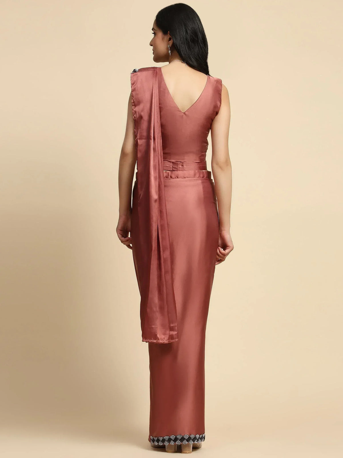 Dusty rose satin ethnic gown with V-back, draped shoulder, and embellished hem for women