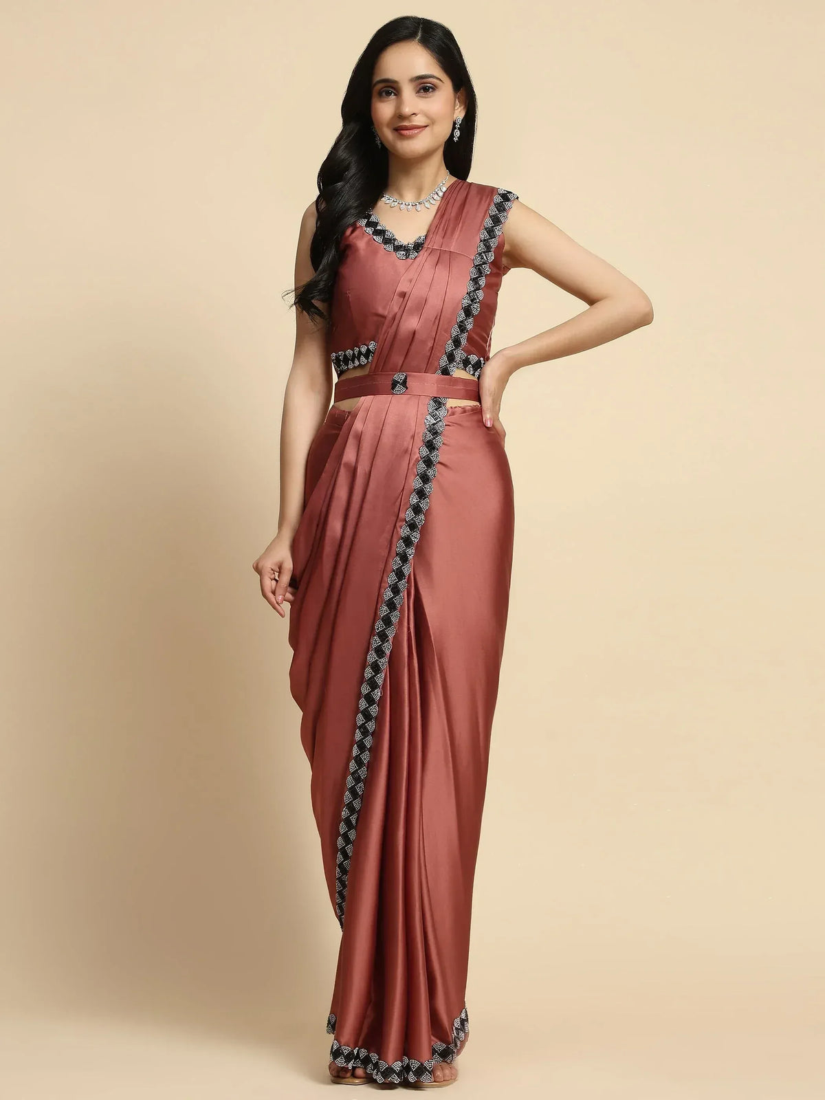 Dusty rose satin saree with black and white embroidered border, modern drape, ethnic wear