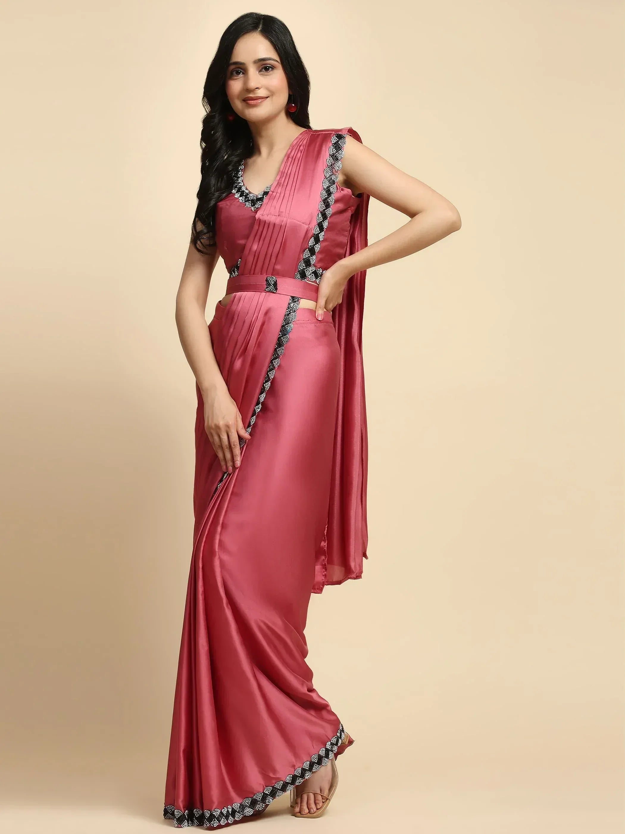 Pink satin saree with black white border, pleated blouse, ethnic wear for women