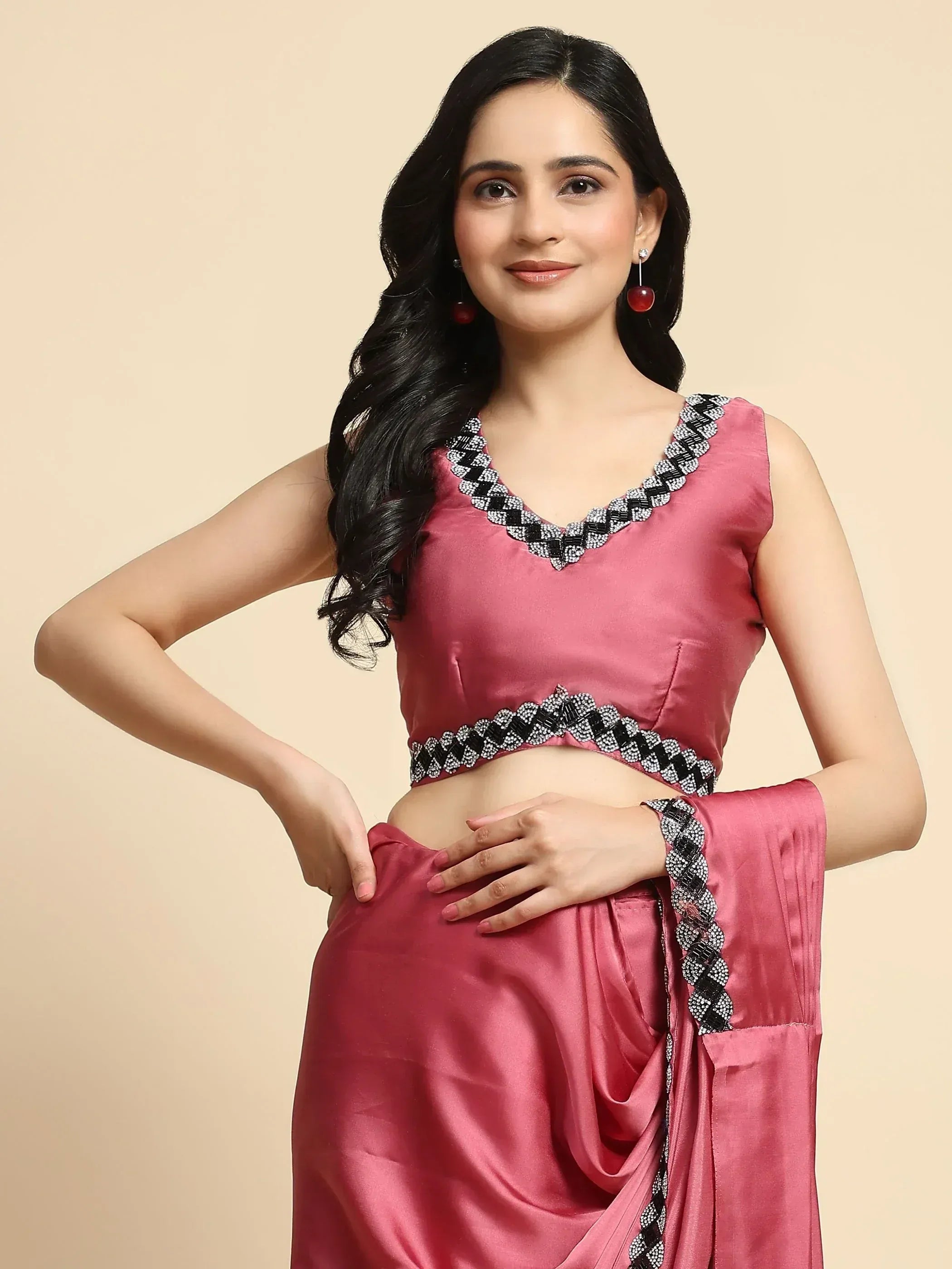 Pink satin saree with black and white beaded border, ethnic wear for women